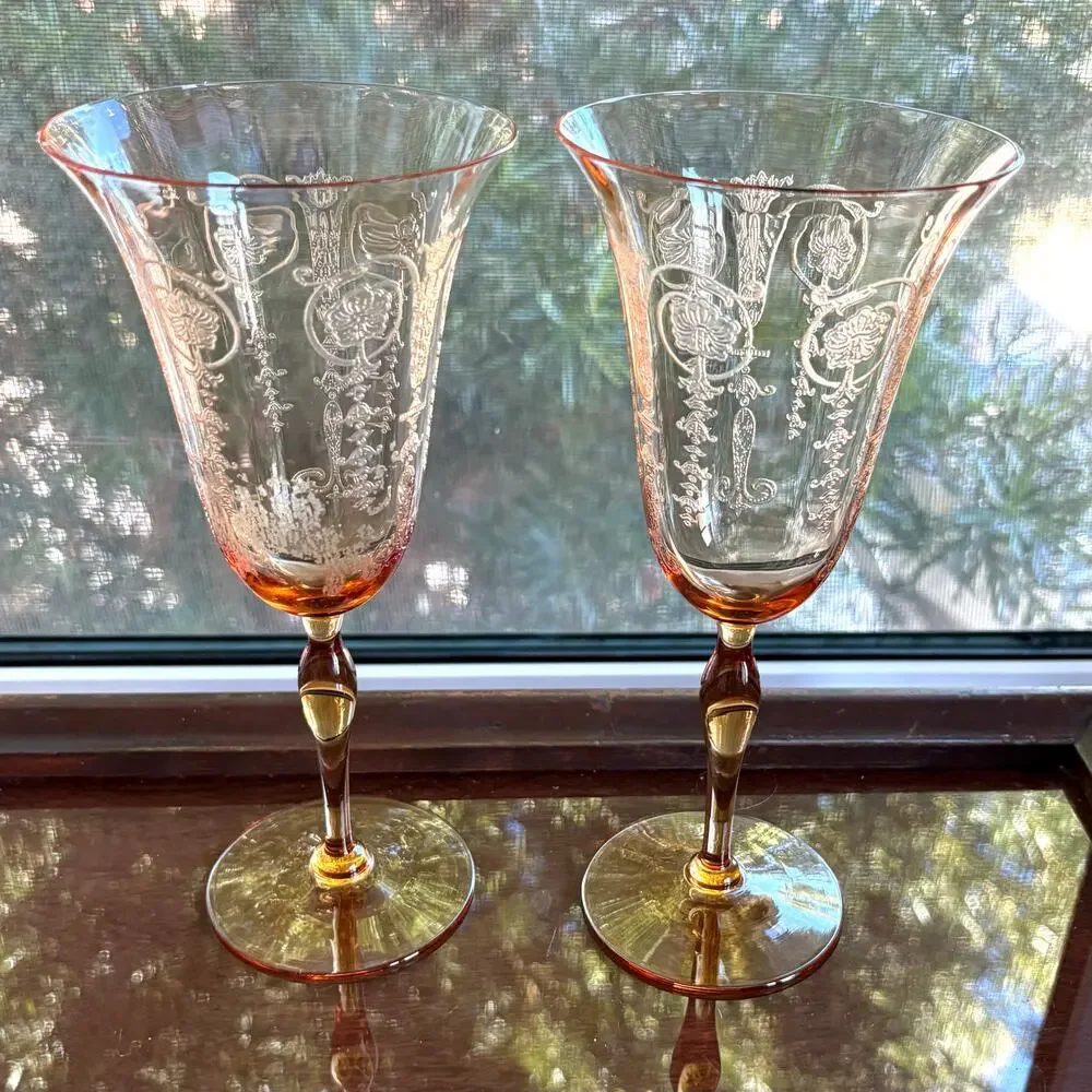 Set of 2 1940s Vintage Etched Amber Stem Wine Goblets Art Deco Glass UV Red Glow